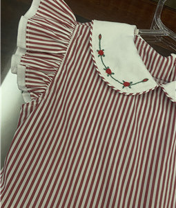 Vestido listrado Vermelho Gola Bordada