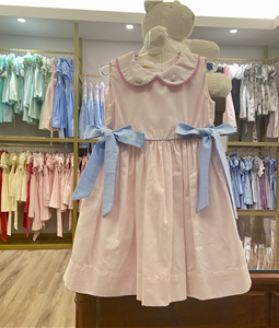 Vestido Rosa Laos Azuis Gola Bordada