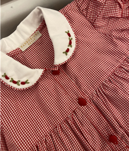 Vestido Xadrex Vermelho Gola Bordada
