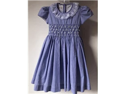 Vestido Xadrez Azul com Prolas e Gola de Renda