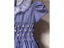 Vestido Xadrez Azul com Prolas e Gola de Renda